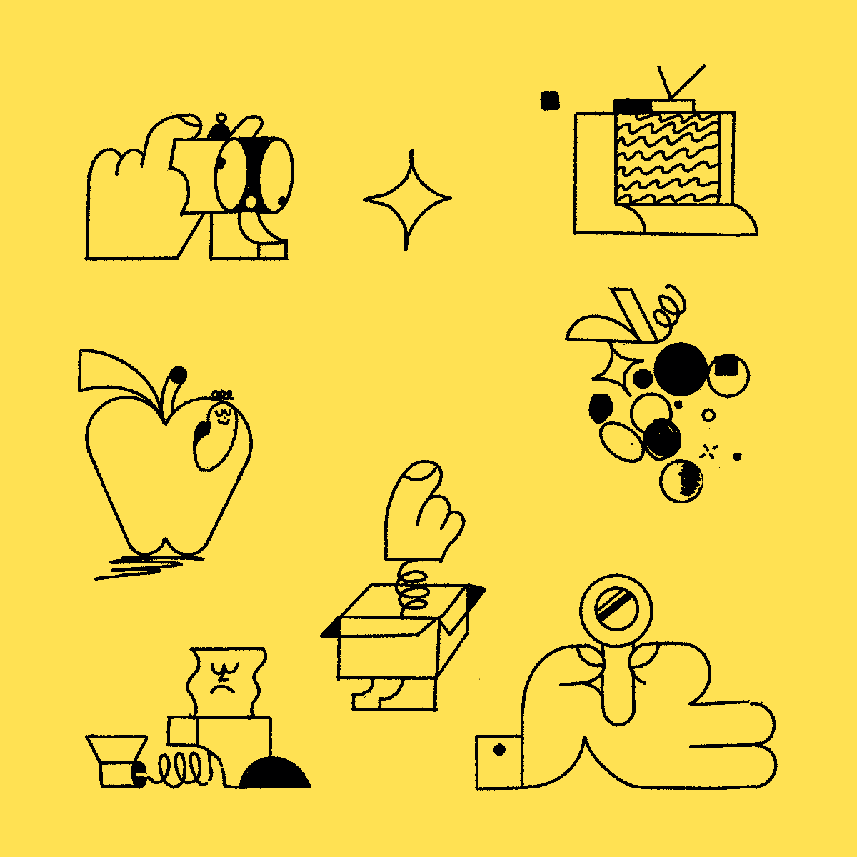 Black doodle icon set on yellow, line-art, illustrated, warm