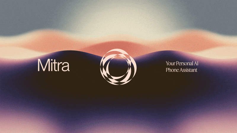Mitra AI assistant brand lockup over dune gradient, gradient-heavy, minimal, dark