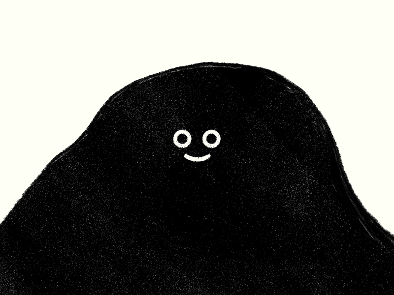 Smiling black blob character on cream, minimal, illustrated, light