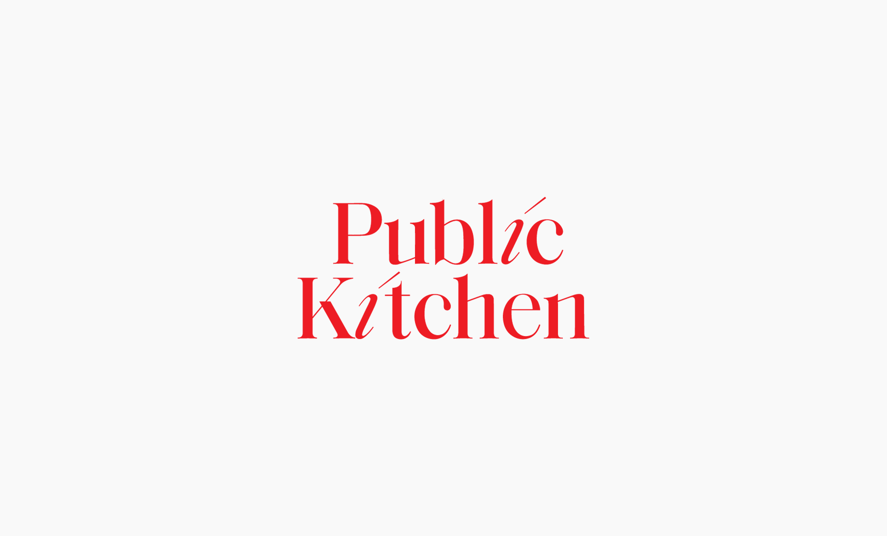 Public Kitchen serif wordmark in red, minimal, editorial, light
