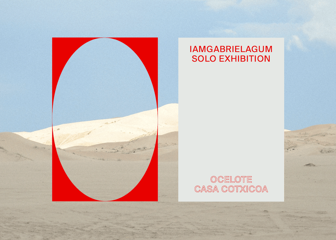 Red cut-out O exhibition poster over desert, minimal, geometric, warm
