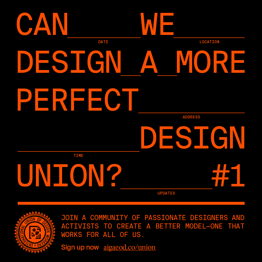 Orange-on-black design union call poster, brutalist, geometric, dark