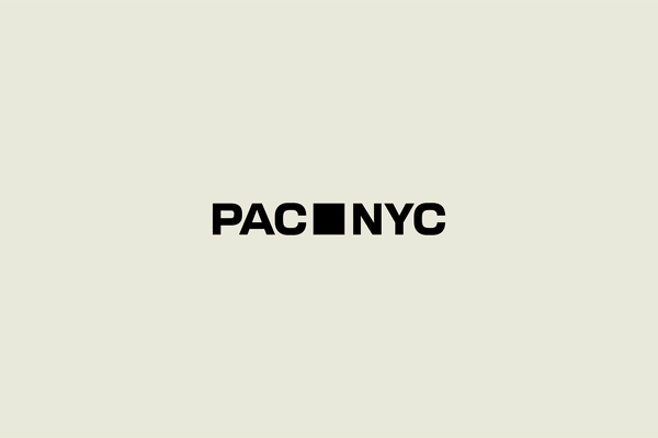 PAC NYC wordmark with geometric square, minimal, geometric, dark