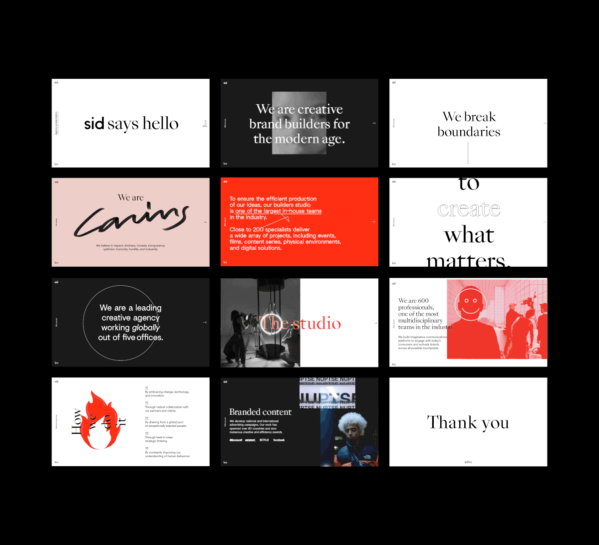 Multi-slide brand identity with bold color blocking, minimal, geometric, dark