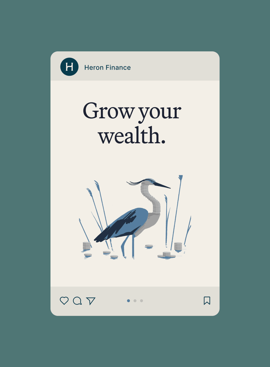 Heron Finance card with illustrated bird and tagline, minimal, organic, cool