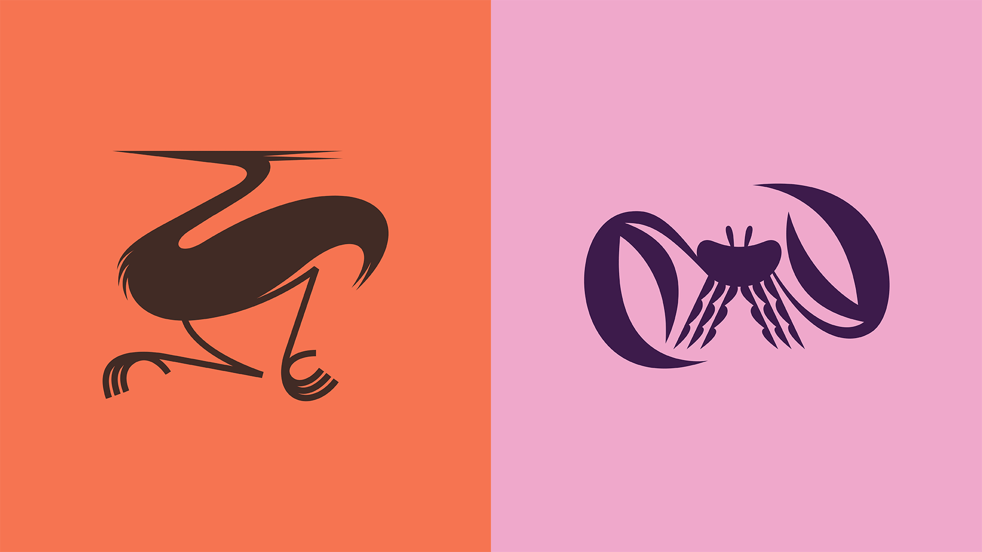 Split-screen animal illustration in coral and mauve, line-art, flat, vibrant