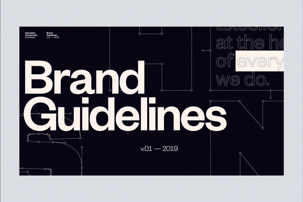 Dark brand guidelines document cover, minimal, geometric, dark