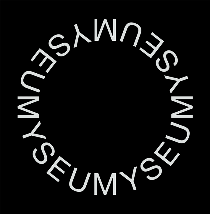 Circular typographic wordmark, minimal, monochrome, dark