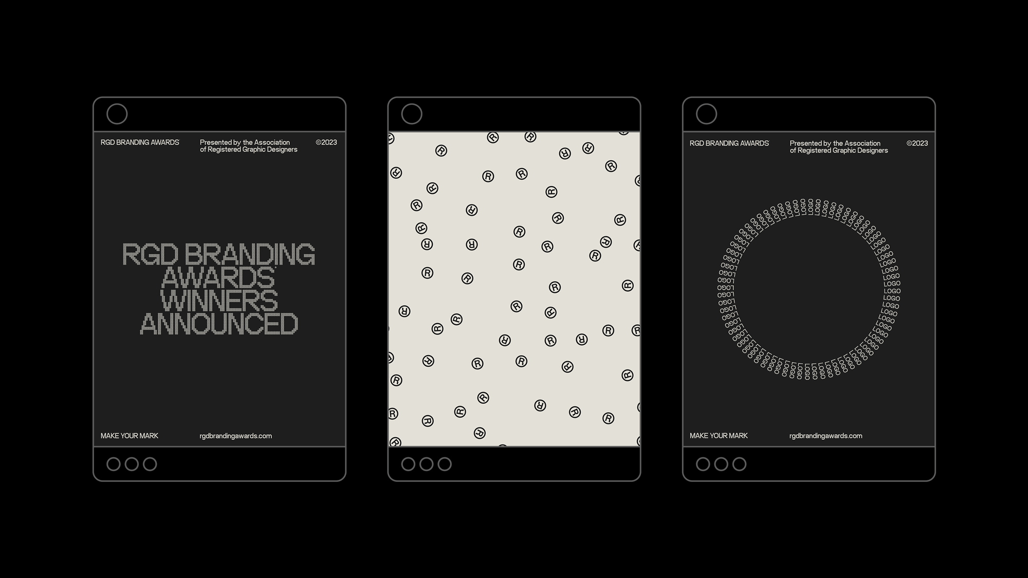 RGD Branding Awards multi-panel system, minimal, corporate-clean, dark