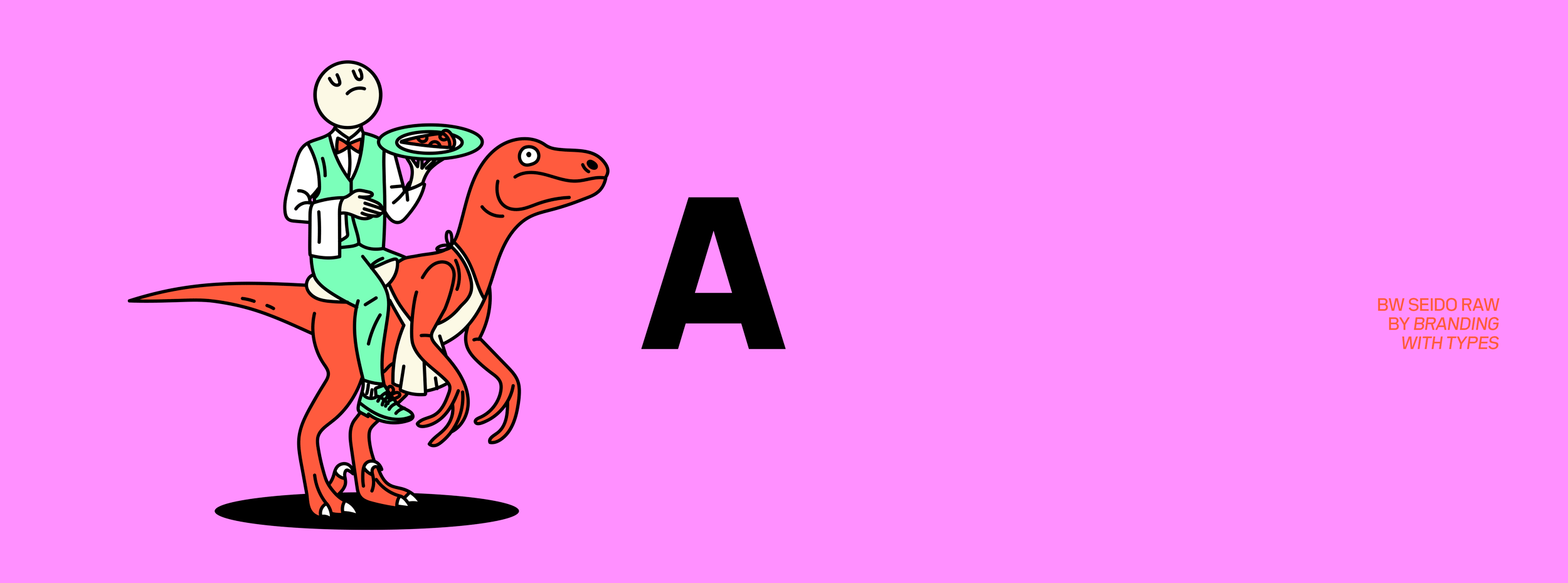 Socialy dinosaur waiter headline build, illustrated, line-art, vibrant