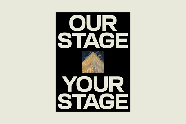 High-contrast modernist poster with architectural frame, minimal, geometric, dark