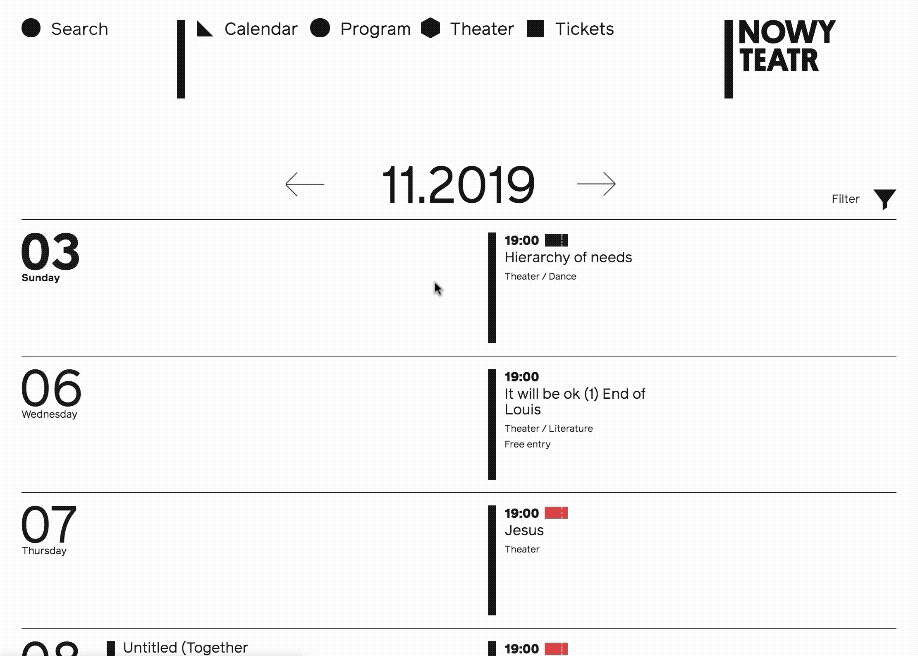Theater event calendar with numeric date headers, minimal, swiss, dark