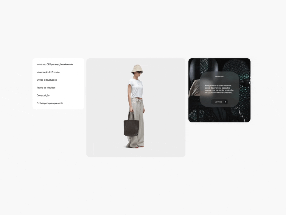 Minimal three-column product page, minimal, light-mode, light