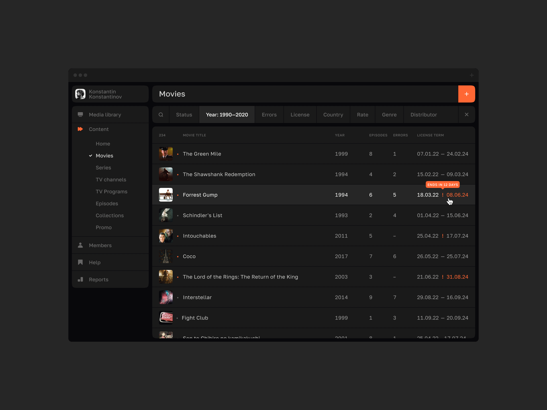 Dark movie database table interface, dark-mode, minimal, dark