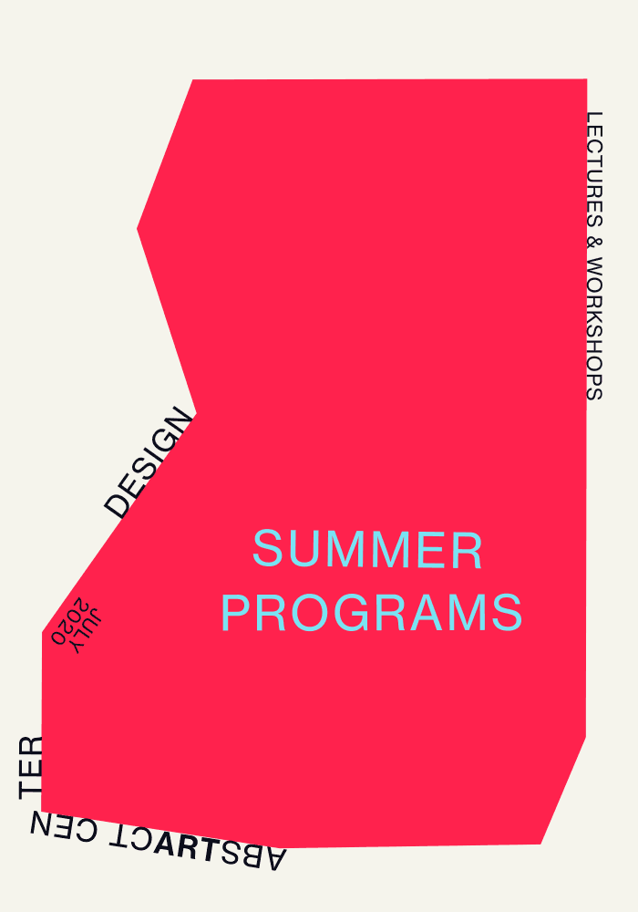 Summer programs poster with neon-pink geometric shape and cyan type, geometric, light-mode, light