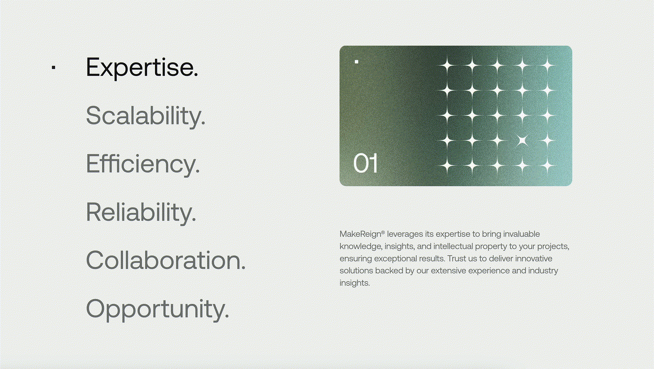 Consulting values layout with geometric accent card, minimal, corporate-clean, light