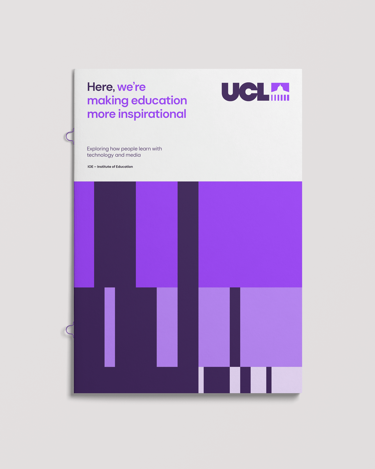 UCL education campaign with purple color blocking, minimal, corporate-clean, light
