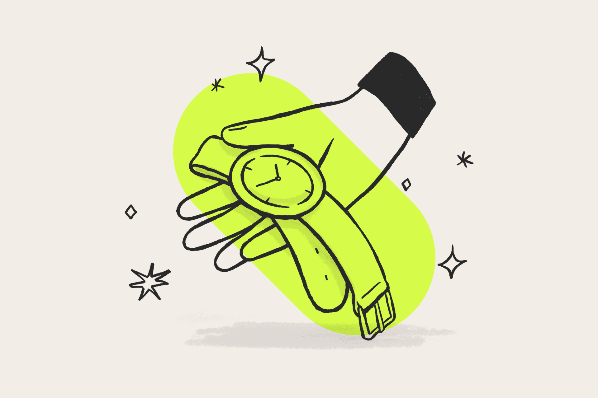 Hand holding stopwatch flag illustration, minimal, line-art, light