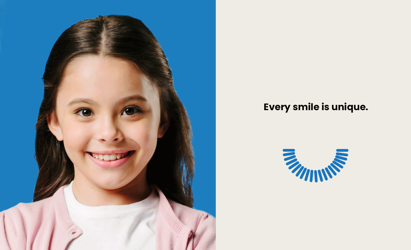 Orthodontics split-screen with smile icon and portrait, minimal, corporate-clean, warm