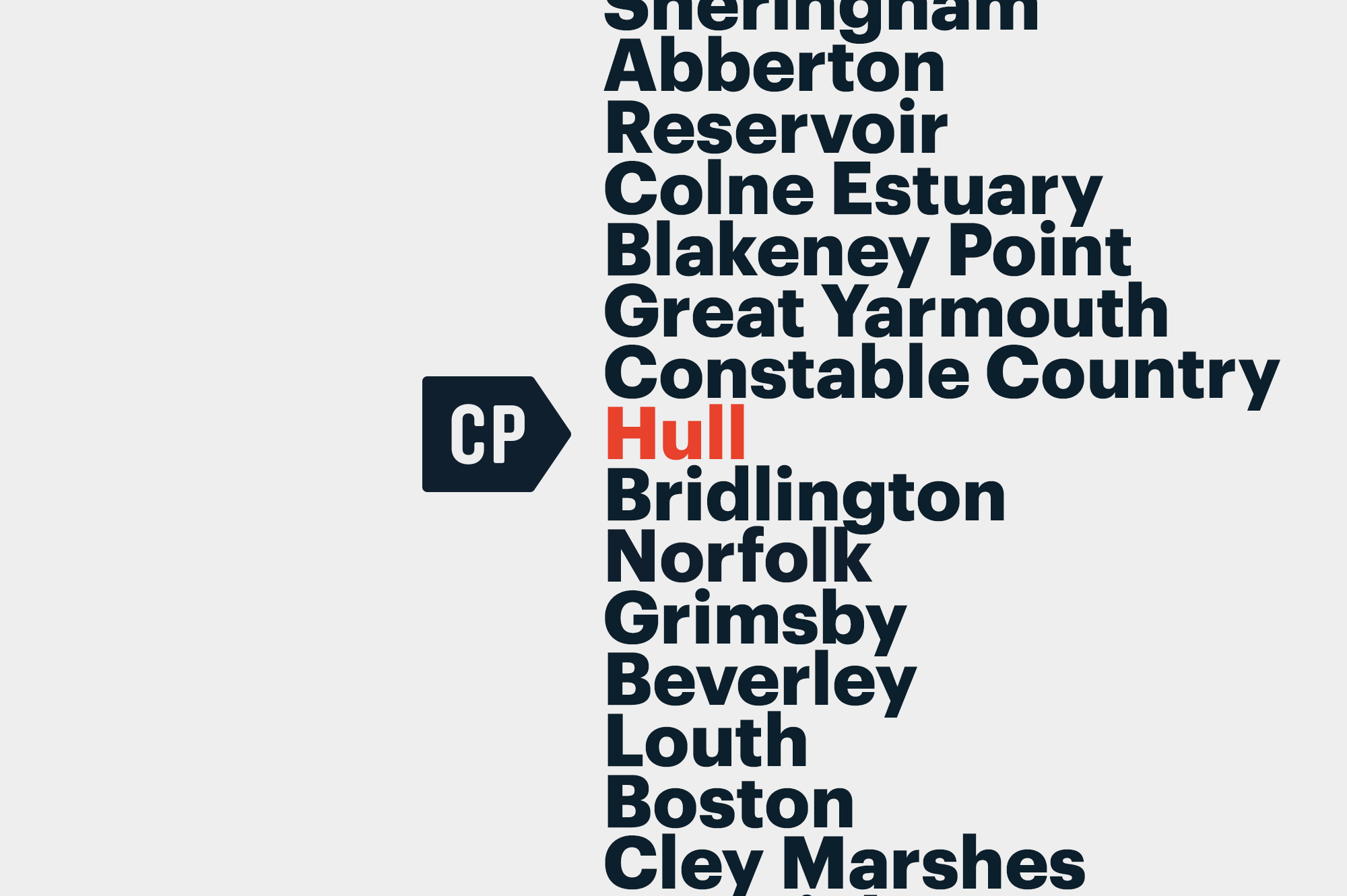 UK regional wayfinding type list, minimal, brutalist, light