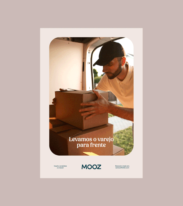 MOOZ delivery worker and package, photographic, minimal, warm