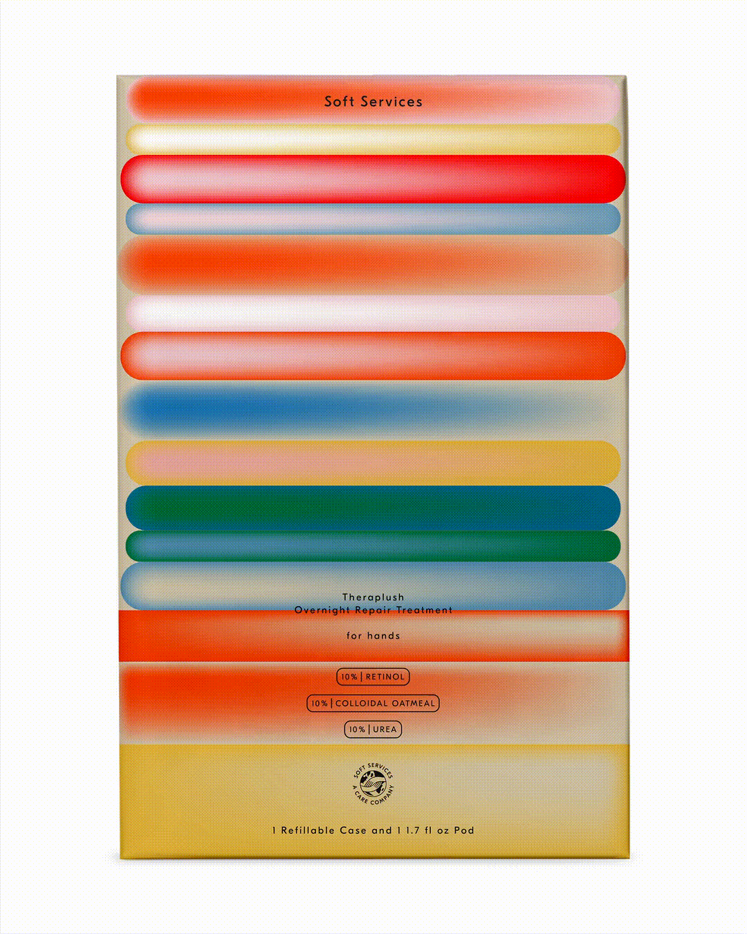 Spa product packaging with stacked color bars and gradients, minimal, gradient-heavy, warm