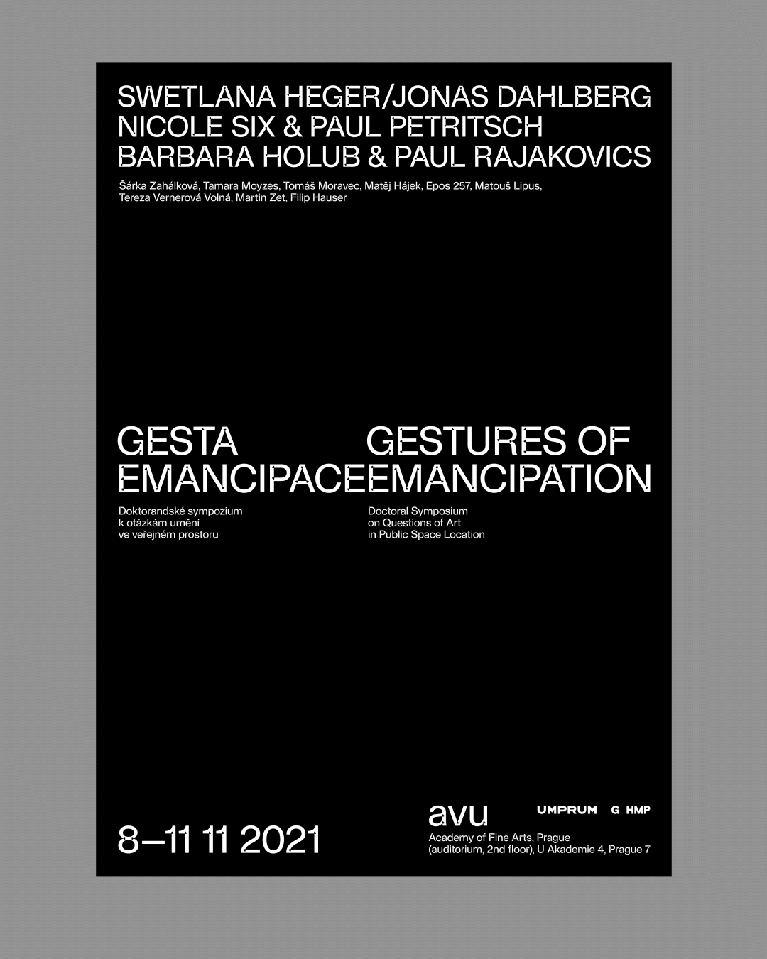 Black and gray exhibition typography poster, minimal, swiss, dark