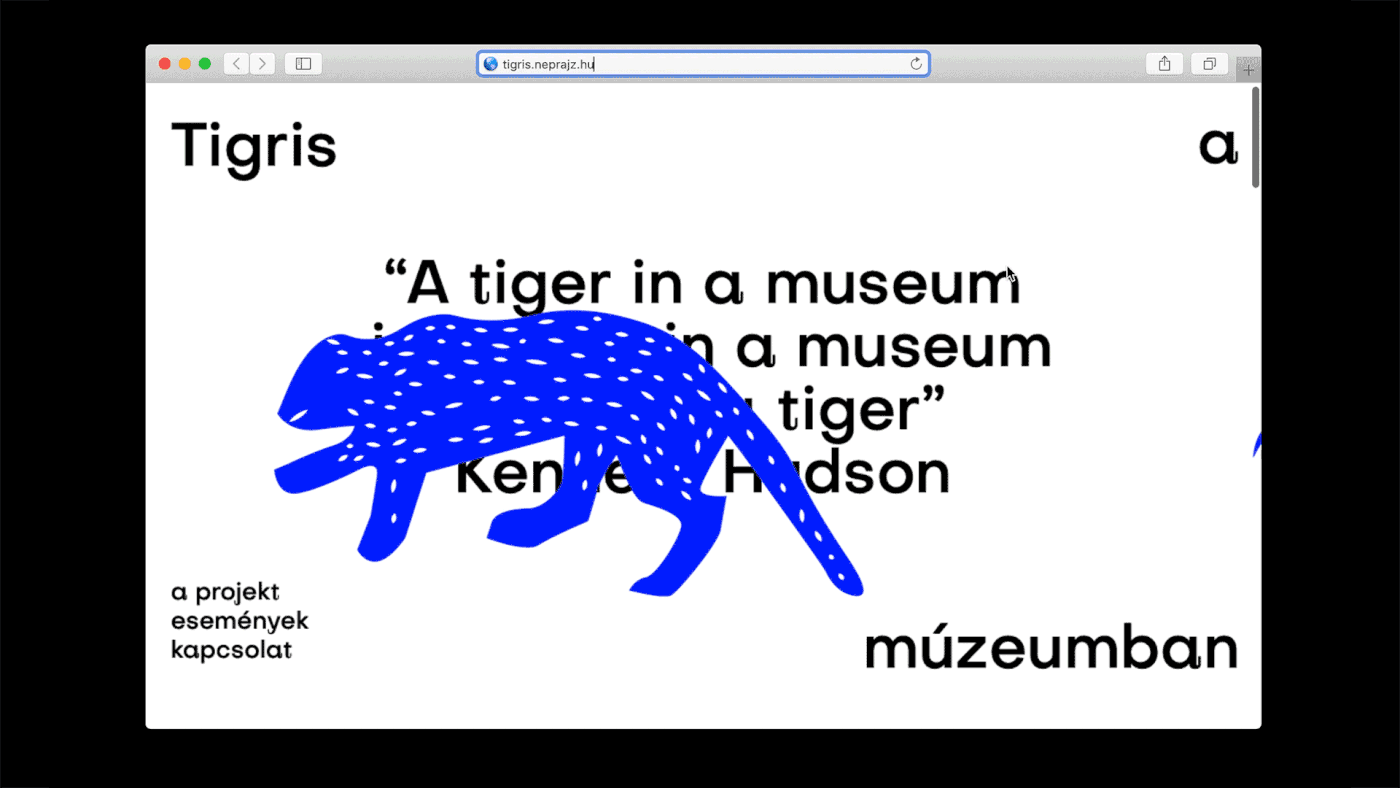Bold blue tiger illustration on editorial web layout, minimal, illustrated, light